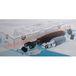 Kit Carbone 10700-KT per Vespa 50, 90, Primavera ed ET3: ammortizzatore anteriore grigio, posteriore fosfatato, tamponi e supporti inclusi.
