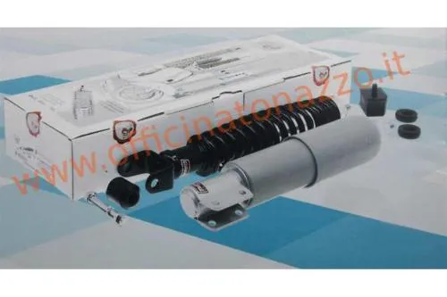 Kit Carbone 10722-KT per Vespa PX, PE e Arcobaleno 125, 150 e 200: ammortizzatore anteriore grigio e posteriore nero con supporti.