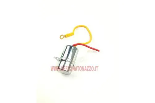 Condensatore rinforzato DRT a00092 per Vespa 50 con accensione a puntine: 32x20 mm, fissaggio integrato e due cavi giallo e rosso.