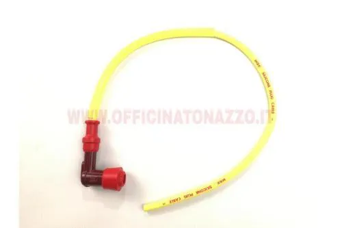 Cavo candela NGK LY11 Racing da 500 mm con cappuccio LZ05F a 90°, resistenza 5 kOhm, collegamento M4 e guaina in silicone gialla.