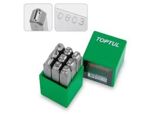 Set TOPTUL 20837511 con punzoni numerici 0-9 e caratteri alti 5 mm per marcatura manuale su metallo. Peso complessivo 292 g.
