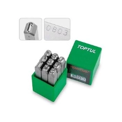 Set TOPTUL 20837511 con punzoni numerici 0-9 e caratteri alti 5 mm per marcatura manuale su metallo. Peso complessivo 292 g.