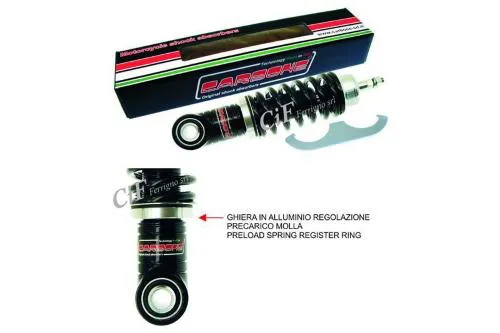 Ammortizzatore anteriore Hitech Carbone nero per Vespa 50, 90, Primavera, ET3 e PK50. Doppio effetto e precarico regolabile.