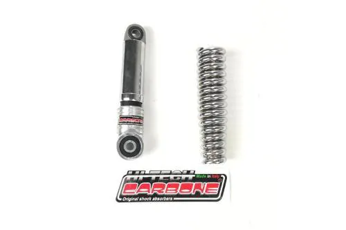 Kit anteriore cromato Hitech Carbone per Vespa 125-150 classiche: olio-gas a doppio effetto e molla 155 mm rinforzata del 25%.