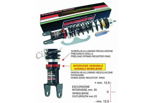 Ammortizzatore posteriore Carbone HiTech nero per Vespa: olio-gas a doppio effetto, interasse 340-365 mm e precarico molla regolabile.