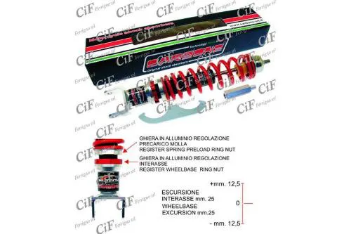 Ammortizzatore posteriore Hitech Carbone 6033.002/HR per Vespa e LML Star: olio-gas, interasse 340-365 mm, precarico regolabile, molla rossa.