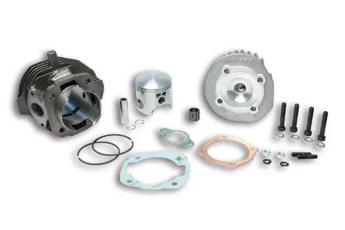 Malossi 318694 in ghisa da 111,66 cc, alesaggio 57,5 mm e corsa 43 mm, con 6 travasi e testa emisferica per Vespa e Ape 50 compatibili.