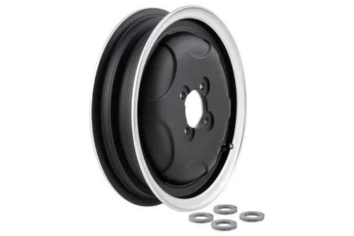 Cerchio SIP Tubeless 2.15-10 in alluminio, nero opaco con bordo lucidato, ET 26,5 mm, PCD 4/70 mm e foro centrale 52,15 mm.