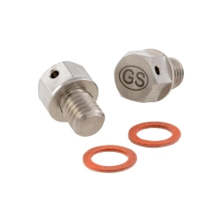 Coppia tappi Grand-Sport M8x8 in acciaio inox per olio cambio Vespa: tappo di scarico magnetico, guarnizioni in fibra e teste predisposte per filo.