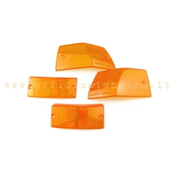Quattro lenti SIEM arancioni omologate per frecce anteriori e posteriori Vespa PX, PE e T5; riferimenti Piaggio 185976, 185977, 185978 e 185979.