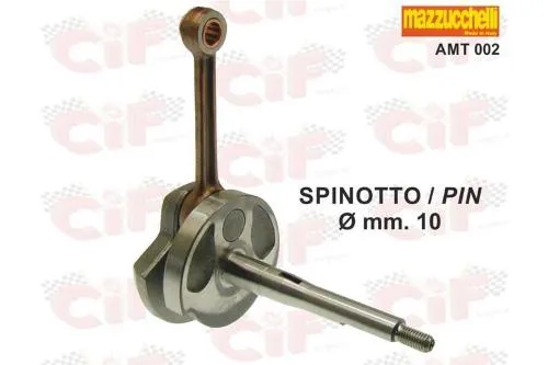 Albero motore Mazzucchelli AMT002 tipo originale, corsa 43 mm e spinotto pistone 10 mm, per Piaggio Ciao, Bravo e Si compatibili; gabbia a rulli inclusa.