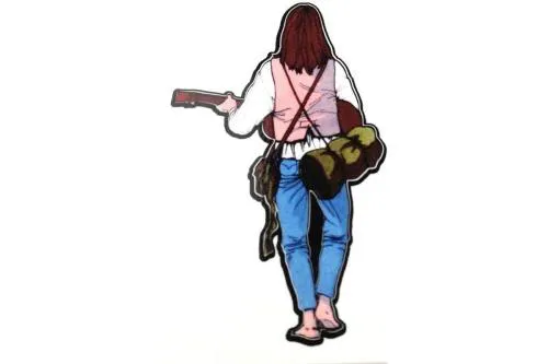 Adesivo decorativo Vagabond alto 10 cm, ispirato alla celebre figura del viaggiatore di spalle diffusa in Italia negli anni Ottanta.