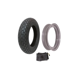 Kit BCR 409990015 con pneumatico Goodride 3.50-10, camera d'aria Goodride e cerchio. Verificare attacchi e misura omologata prima del montaggio.