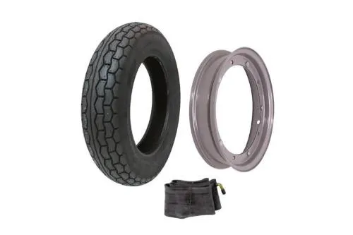 Kit BCR 409990015 con pneumatico Goodride 3.50-10, camera d'aria Goodride e cerchio. Verificare attacchi e misura omologata prima del montaggio.