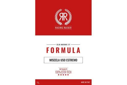 Olio RR Formula per motori 2T, 100% sintetico a base estere, API TC e JASO FD. Confezione da 1 litro; dosaggio secondo il motore.