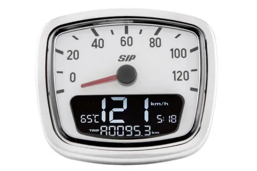 Contachilometri e contagiri SIP PERFORMANCE 50002200 per Vespa VNA/VNB, scala 120 km/h, 12.000 giri/min e quadrante bianco.