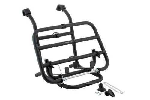 Portapacchi anteriore FA Italia nero e ribaltabile con supporto per tanica da 5 litri, per Vespa PX, Rally, Sprint, GT e altri modelli classici.