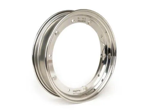 Cerchio scomponibile BGM PRO BGM7990 2.10-10 in acciaio inox lucidato per Vespa Smallframe e Largeframe con attacco tipo PX; bulloneria inox inclusa.