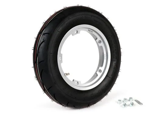 Ruota completa BGM PRO per Vespa: pneumatico Sport tubeless 3.50-10 59S e cerchio in alluminio 2.10-10 argento.