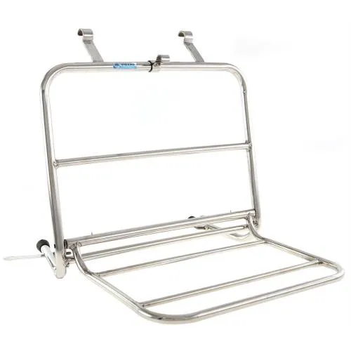Front luggage rack, for Vespa Wide/Largeframe models in polished stainless steel, loading surface: 40x25 cm, foldable, distance from frame approx. 10 cm
