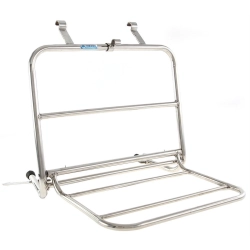 Portaequipajes delantero, para modelos Vespa Wide/Largeframe en acero inoxidable pulido, superficie de carga: 40x25 cm, plegable, distancia del chasis aprox. 10 cm