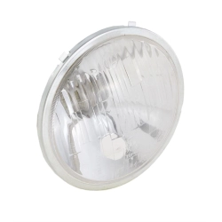 SIEM headlight assembly for Vespa 50 SS/90 SS/125 PV/ET3/Super /150 Super, round, Ø 115 mm, real glass, lens, low beam connection: BA20d, parking light socket: Ba15s, without bulbs, with IGM mark, grade A - for a repair faithful to the original