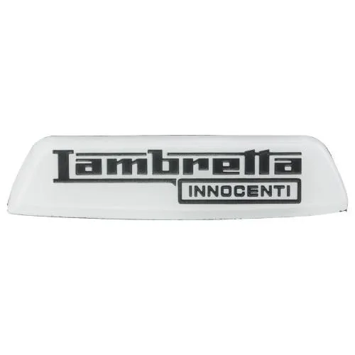 Badge "Lambretta INNOCENTI", posteriore, per Lambretta 125 LI 3° ('68-)/LIS/150 LI 3° ('68-) /LIS/SX/200 SX bianco/nero, 150x38 mm
