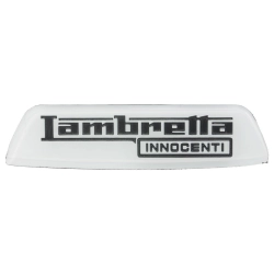 Badge "Lambretta INNOCENTI", posteriore, per Lambretta 125 LI 3° ('68-)/LIS/150 LI 3° ('68-) /LIS/SX/200 SX bianco/nero, 150x38 mm