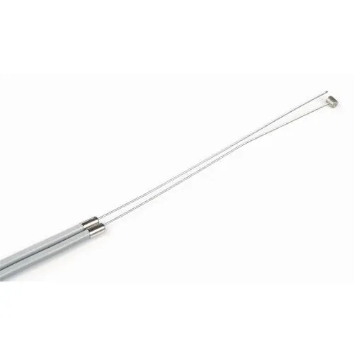 Cavo gas Vespa completo: filo zincato 2000 mm, guaina grigia 1800 mm e nipplo a barilotto. Verificare percorso e terminale lato carburatore.
