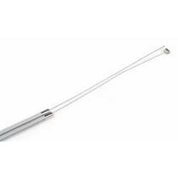 Cavo gas Vespa completo: filo zincato 2000 mm, guaina grigia 1800 mm e nipplo a barilotto. Verificare percorso e terminale lato carburatore.