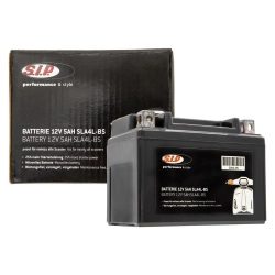 12V/5Ah battery, SIP, SLA4L-BS suitable for almost all 50cc 2-/4-stroke AC/LC scooters, 112x.. ..68x89 mm, microvlies battery, maintenance-free, sealed, pre-charged, black, 25% more starting power!