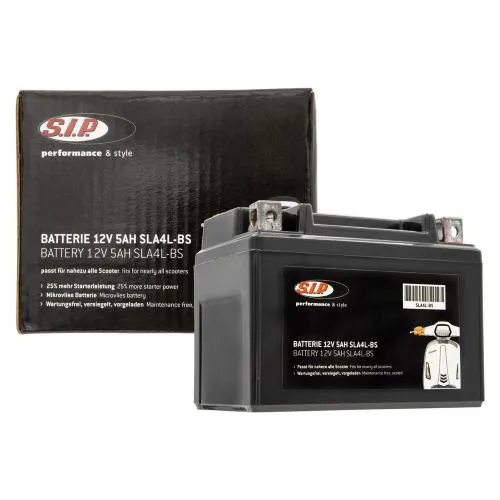 Batteria SIP SLA4L-BS 12 V 5 Ah, sigillata e precaricata, misure 112x68x89 mm e polo positivo a destra per scooter compatibili.
