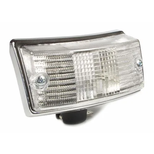 Indicatore STELLA anteriore destro, per Vespa PX80-200/PE/Lusso/T5, anche per LML Star 125-200 2T /4T/ Star Deluxe 125/II/4T Automatica/CVT, bianco, carter cromato, senza lampadine, presa indicatore: Bau15s, con e-mark, grado B - riparazione decente