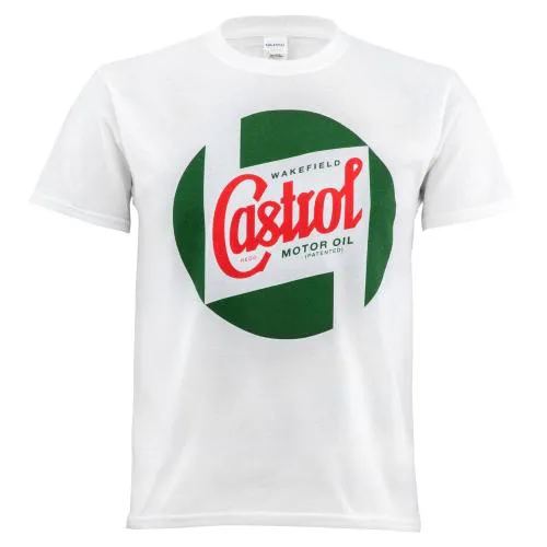 Maglietta Castrol Classic bianca unisex XS/44, 100% cotone 180 g/m², girocollo e stampa frontale serigrafica.
