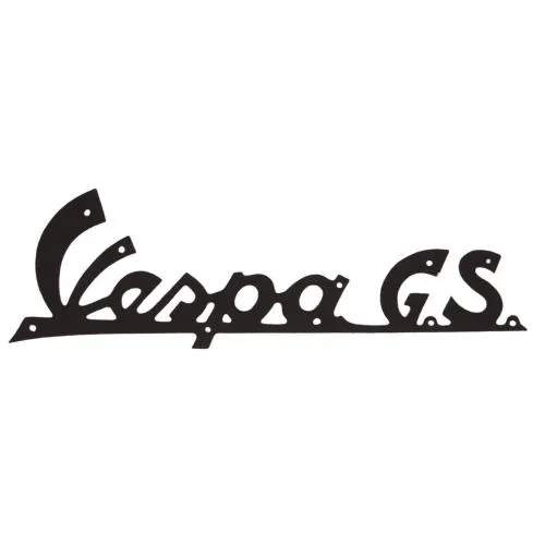 Distintivo Vespa GS nero 93534000, 140×45 mm e 9 rivetti, per scudo Vespa 150 GS VS1T-VS5T delle serie italiane 1955-1961.