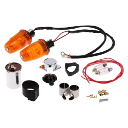 Kit conversione SIP Style 57975010 per frecce a fine manubrio Vespa 6 V AC, con lampadine, interruttore, relè e cavi di collegamento.