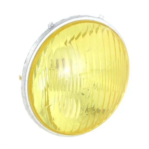 Gruppo ottico BOSATTA per Vespa 50 SS/90 SS/125 PV/ET3 /Super/150 Super, rotondo, Ã 115 mm, plastica, lente, giallo, presa anabbagliante&anabbagliante: BA20d, presa luce di parcheggio: Ba15s, senza lampadine, grado B - riparazione decente