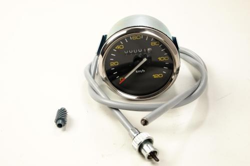 Contachilometri scala 120km/h nero con cornice cromata per Vespa P80/125/150X - PX80/125/150/200E - P150S - P200E