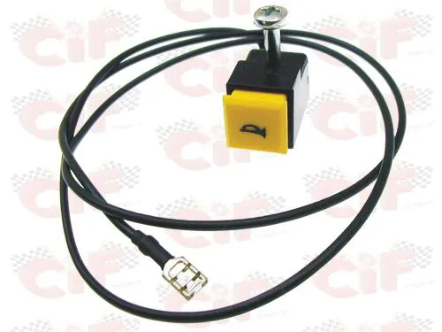 Pulsante clacson giallo CIF 9245-FG con cavo lungo per Piaggio Ciao, Si e Bravo compatibili. Confrontare colore, sede e terminali.