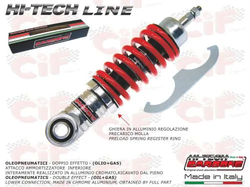 Ammortizzatore anteriore CARBONE HI TECH CROMATO con MOLLA ROSSA regolabile per Vespa 50 - ET3 - Primavera - PK50S