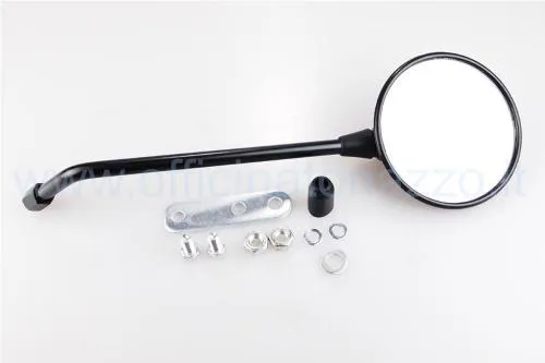 Specchietto retrovisore destro nero per Vespa con testa tonda da 100 mm, asta lunga 330 mm e piastra di fissaggio al manubrio.