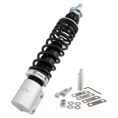 Ammortizzatore SIP PERFORMANCE 2.0 anteriore Vespa P80-150X /P200E/PX80-200E/Lusso/`98 /MY/`11/T5, body: silver matt, spring: black, l 240 mm, stiffness: M, 70 LB, with ABE, KBA 91475, spring pre-load: adjustable, rebound adjustment: 18 settings, a