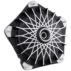 Mozzo anteriore Grimeca NT per freno a disco Vespa PK, PX e T5 compatibili, asse da 20 mm e finitura nero-argento a rete ruotata.