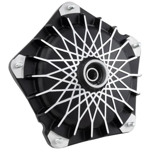 Mozzo anteriore Grimeca NT per freno a disco Vespa PK, PX e T5 compatibili, asse da 20 mm e finitura nero-argento a rete ruotata.
