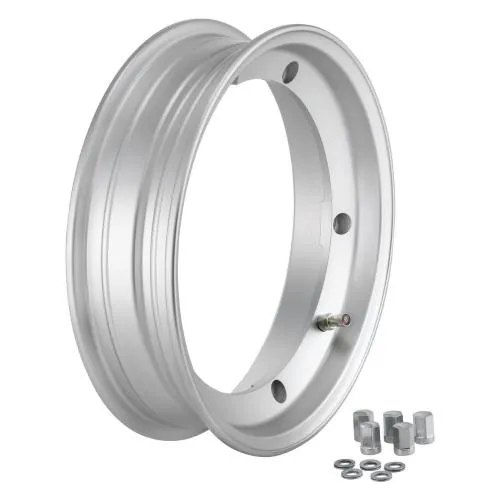 Cerchio SIP 81011720 tubeless 2.50x10 argento opaco: ET 1 mm, PCD 5/220, foro 202 mm e KBA 53463 per pneumatici larghi Vespa.