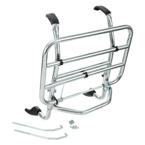 Portapacchi anteriore SIP cromato e ribaltabile per Vespa Cosa 1 e 2 125-200, con piano 25x37 cm e peso dichiarato di 2,2 kg.