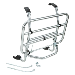Portapacchi anteriore SIP cromato e ribaltabile per Vespa Cosa 1 e 2 125-200, con piano 25x37 cm e peso dichiarato di 2,2 kg.