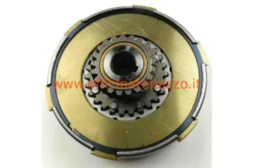 Gruppo frizione completo per Vespa PX 150: tre dischi guarniti, sei molle, flangia da 97 mm e pignone elicoidale Z21.