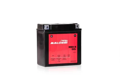 Batteria Malossi 4418917 MB9-B GEL da 12 V, sigillata e pronta all'uso. Dimensioni 135 x 75 x 139 mm e positivo a sinistra.