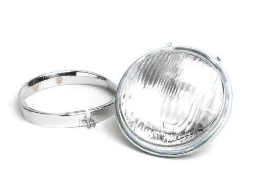 Faro OEM Quality 9520054 Ø115 mm per Vespa SS50, SS90, Primavera, ET3 e Super: vetro, riflettore metallico e ghiera. GTIN 4250366609829.